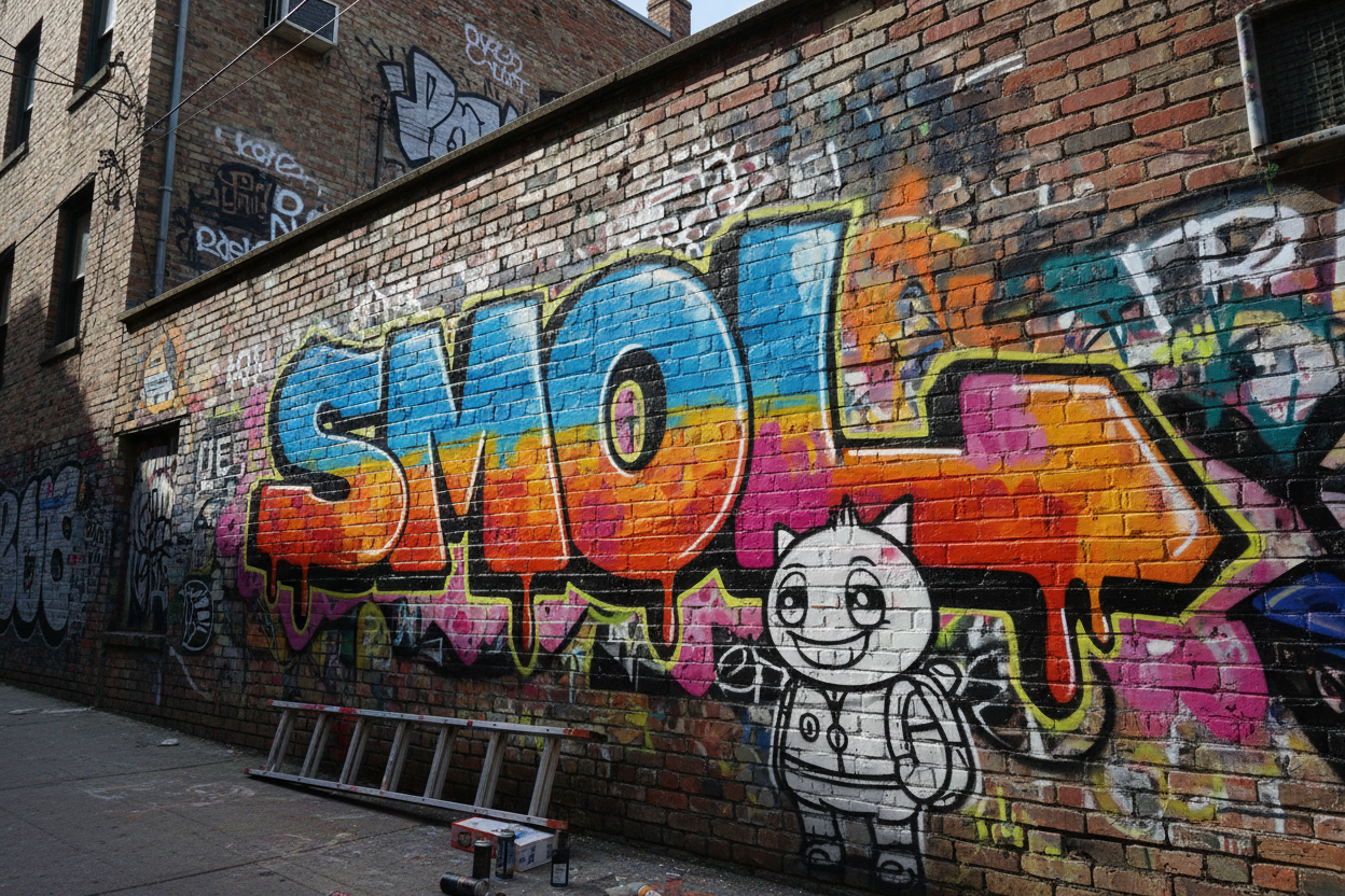 Translation missing: en.GRAFITTI AGAINST WALL IN CITY STREET  - LOOKS ARTSY QITH WORD &quot;SMOL&quot;